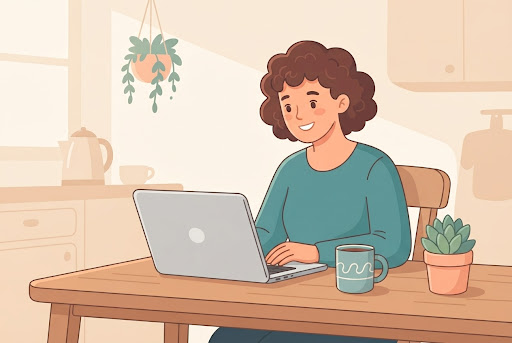 A parent at a kitchen table creating an account on a laptop