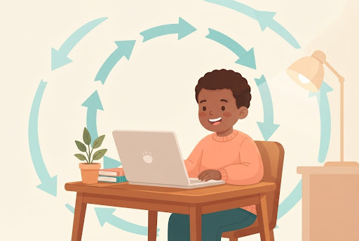 A child at a laptop, confident, after their lesson
