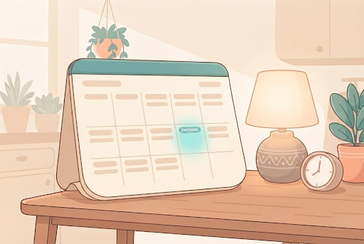 A weekly planner with one evening slot highlighted