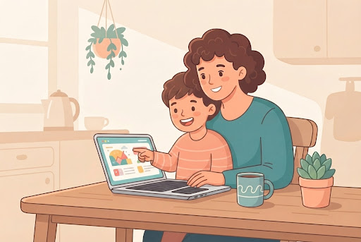 A parent and child looking at a course together on a laptop